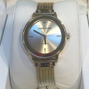 NEW! ANNE KLEIN DIAMOND ACCENT GOLD TONE MESH STAINLESS STEEL BRACELET WATCH.